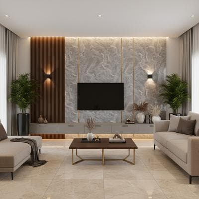 Premium Living Room Interior Design with Elegant Wall and Floor Tiles
